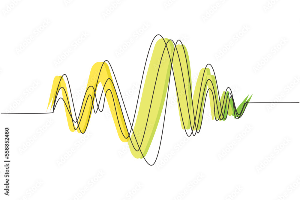 Poster continuous one line drawing sound waves. audio player. audio equalizer technology, pulse musical. mu