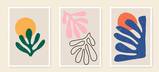 Abstract Contemporary Posters Set for Wall Decor. Aesthetic Abstract Background with Geometric Shapes, Textures. Abstract Print Matisse Style. Wall Art with Organic Shape and Leaves. Vector