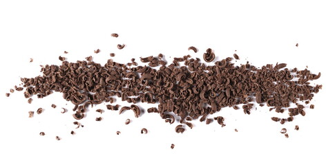 Fototapeta premium Chopped, milled chocolate pile with shavings isolated on white, top view