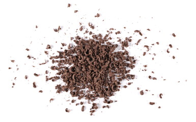 Chopped, milled chocolate pile with shavings isolated on white, top view