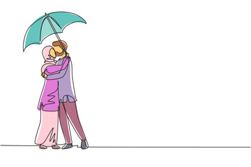 Single continuous line drawing Arabian woman and man under umbrella stand in rain and kiss each other. Young couple lovers kissing. Happy boy and girl dating in rainy day. One line draw graphic design
