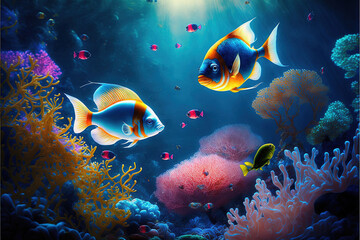 Fototapeta na wymiar beautiful colorful fish with colorful corals in the underwater world. Generative AI