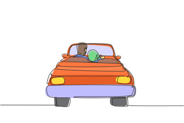 Single continuous line drawing back view loving Arabian couple sitting and hugging in convertible car. Man woman getting ready for wedding. Engagement and love relations. One line draw graphic design