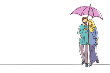 Single continuous line drawing Arabian couple man woman, girl and boy walking holding umbrella under rain smiling hugging. Romantic couple at rainy autumn weather. One line draw graphic design vector