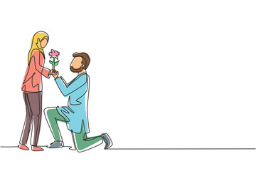 Continuous one line drawing Arab man on knee gives flowers to woman. Young guy giving to girl rose flower for propose her. Romantic couple in love. Single line draw design vector graphic illustration