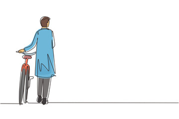 Single one line drawing walking young Arabian male with bicycles. Happy man take a walk with bicycle at city road. Healthy lifestyle of urban people. Modern continuous line draw design graphic vector