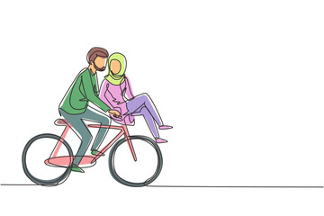 Fototapeta premium Single one line drawing romantic Arab couple on date riding bicycle. Young man and woman in love. Happy married couple cycling together. Modern continuous line draw design graphic vector illustration
