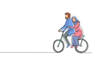 Single continuous line drawing romantic Arab couple having fun on date riding bicycle. Back view of romantic teenage couple ride bike. Young man and woman in love. One line draw graphic design vector