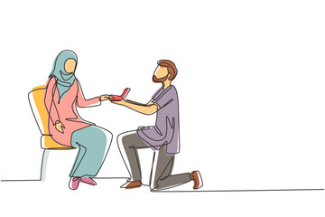 Continuous one line drawing Arab man makes marriage proposal woman and gives ring. Happy couple getting ready for wedding. Bride and groom celebrate engagement. Single line draw design vector graphic