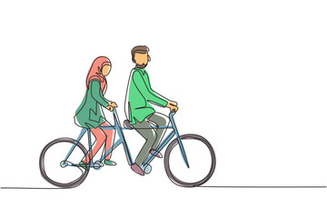 Obraz premium Continuous one line drawing romantic Arabic couple. Couple is riding tandem bicycle together. Happy family. Intimacy celebrates wedding anniversary. Single line draw design vector graphic illustration