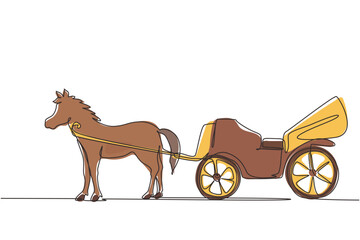 Single continuous line drawing vintage transportation, horse pulling carriage.
