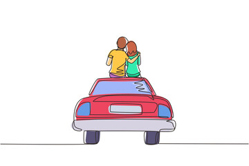 Fototapeta premium Single one line drawing loving couple sitting on the vintage car. Happy couple getting ready for wedding. Engagement and love relations. Modern continuous line draw design graphic vector illustration