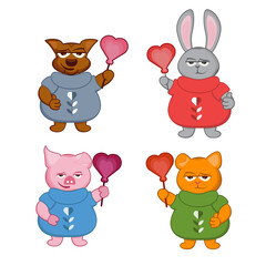 set with characters for valentine's day with a heart in his hand, the character of a dog, a hare, a pig, a cat shows class on an advertising banner, poster