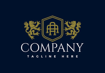 Luxury Lion crest heraldry logo. Elegant gold heraldic shield icon.