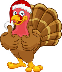 Turkey Christmas or Thanksgiving Holiday cartoon character wearing a Santa Claus hat