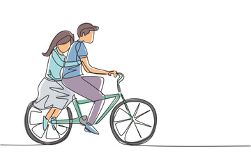 Naklejka premium Continuous one line drawing romantic couple. Happy couple is riding bicycle together. Happy family concept. Intimacy celebrates wedding anniversary. Single line draw design vector graphic illustration