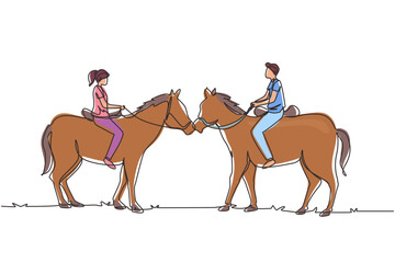 Single continuous line drawing romantic couple in love riding horse. Young man and woman meet for dating with ride horse. Engagement and love relation. One line draw graphic design vector illustration