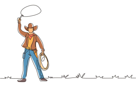 Single continuous line drawing western cowboy standing and throwing lasso and wild west elements. Man with cowboy hat and lasso at desert. Dynamic one line draw graphic design vector illustration