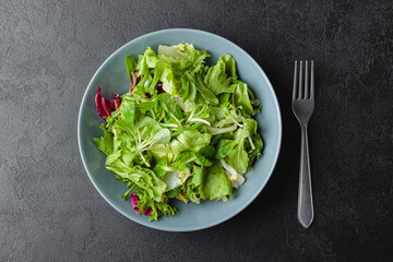 Green salad leaves in bowl on black table.