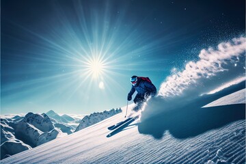 A skier is skiing in the bright sun and blue sky, Ai Generative - obrazy, fototapety, plakaty