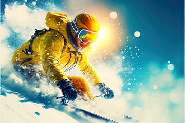 A skier is skiing in the bright sun and blue sky, Ai Generative - obrazy, fototapety, plakaty