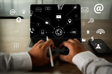 social media marketing internet network technology digital online  close up on man hand using computer