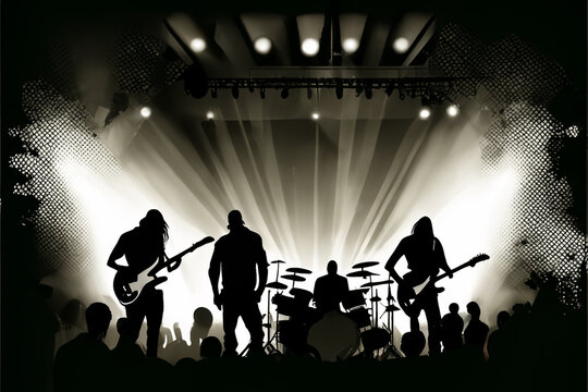 Rock band performs on stage in the spotlights. AI generated