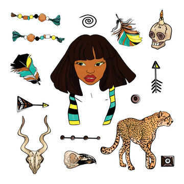 African concept. Portrait of the beautiful woman, skulls, wild cat, feathers. Vector illustration isolated on white background. For printing packaging, cards, designers, clothes, interior, icon, logo