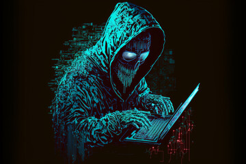 Hacker with a hood and glasses, cybersecurity attack on laptop, Generative AI