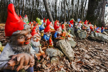 colorful garden gnomes at a place in the forest during hiking