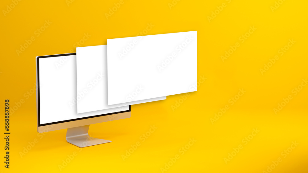 Aufkleber 3d rendering isolated computer with blank screen mockup on chrome yellow background.