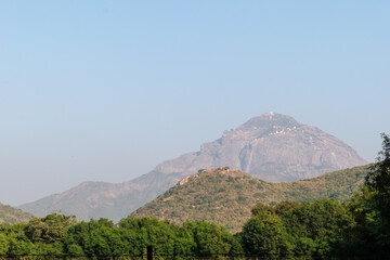 View of the beautiful Girnar peak and mountain range in the town of Junagadh in Gujarat, India.