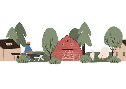 farm seamless border, Pattern with small house and trees, farm life clipart, cottage vector illustration in flat style