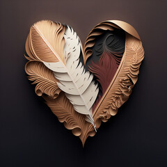 Paper Cut Beautiful Feathers Forming Heart Shape. 3D Render Love Concept.