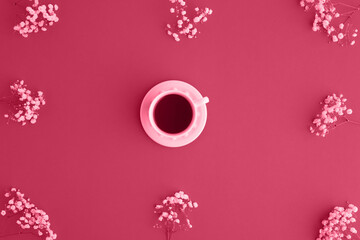 Herbal tea with one white tea cups with white flowers Flat lay, top view. Tea concept