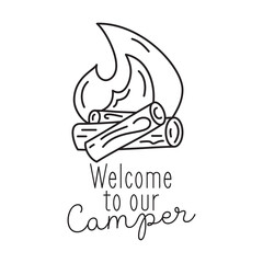 Obraz premium Camping T Shirt Design in minimalist Line Art Style with Quote - Welcome to our Camper. Travel linear Emblem. Hiking Silhouette Label. Stock Badge