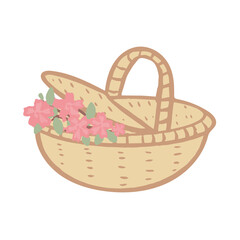 Hand drawn isolated open woven basket with sakura flowers