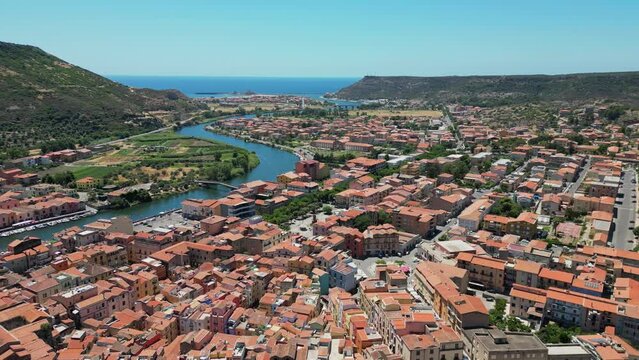 Bosa city and Temo River at West Coast of Sardinia, Italy - 4k Aerial