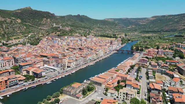 Bosa Colorful Town, Castle and Temo River in Sardinia, Italy - 4k Aerial