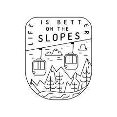 Mountain Camping christmas badge design with RV trailer in line art style and quote. Travel logo graphics. Stock label