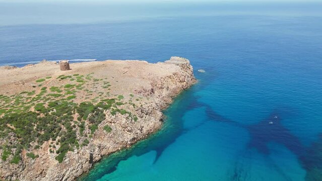 Cala Domestica Cove, Cliffs and Tower in Buggerru, Sardinia, Italy - 4k Aerial