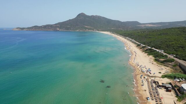 Long White Sandy San Nicolo Beach in Buggerru, Sardinia, Italy - 4k Aerial