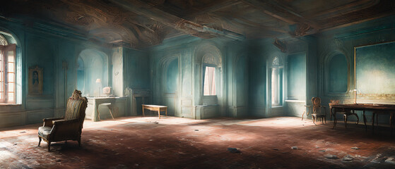 Abandoned and dilapidated, the French-style living room is a melancholy portrayal of neglect and decay. Generative AI