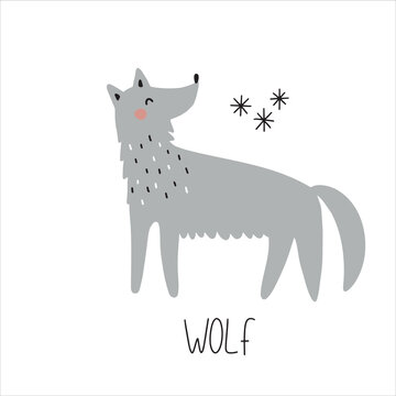Postcard with animals wolf for children. Educational preschool cards for learning animals. Learn animal name for kids. Vector illustration.