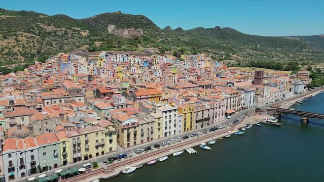 Bosa, Temo River and Castle of Serravalle in Sardinia, Italy - 4k Aerial