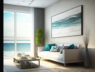 living room contemporary sea view,earth tone.Generative AI