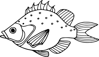 Hand drawn outline fish icon. Children's coloring book. Underwater world. Sea life. Vector illustration, doodle style.
