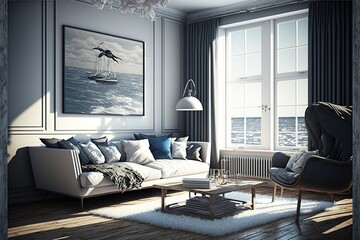 living room contemporary sea view,earth tone.Generative AI