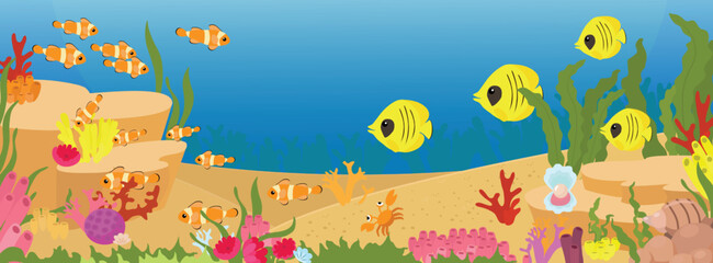 Tropical underwater seabed with sand and underwater world of corals and marine fish and algae cartoon style. Tourism, recreation and diving near the water.