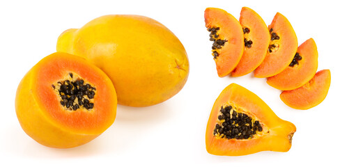 ripe slice papaya isolated on a white background with copy space for your text. Top view. Flat lay